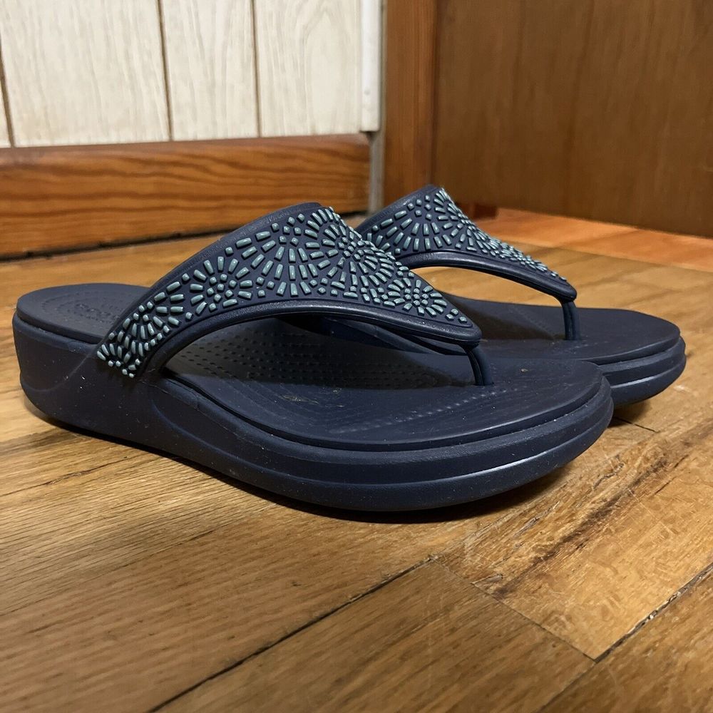 Crocs Monterey Diamante Women Wedge Sandals 8 Navy Blue Sunburst Flip Flops